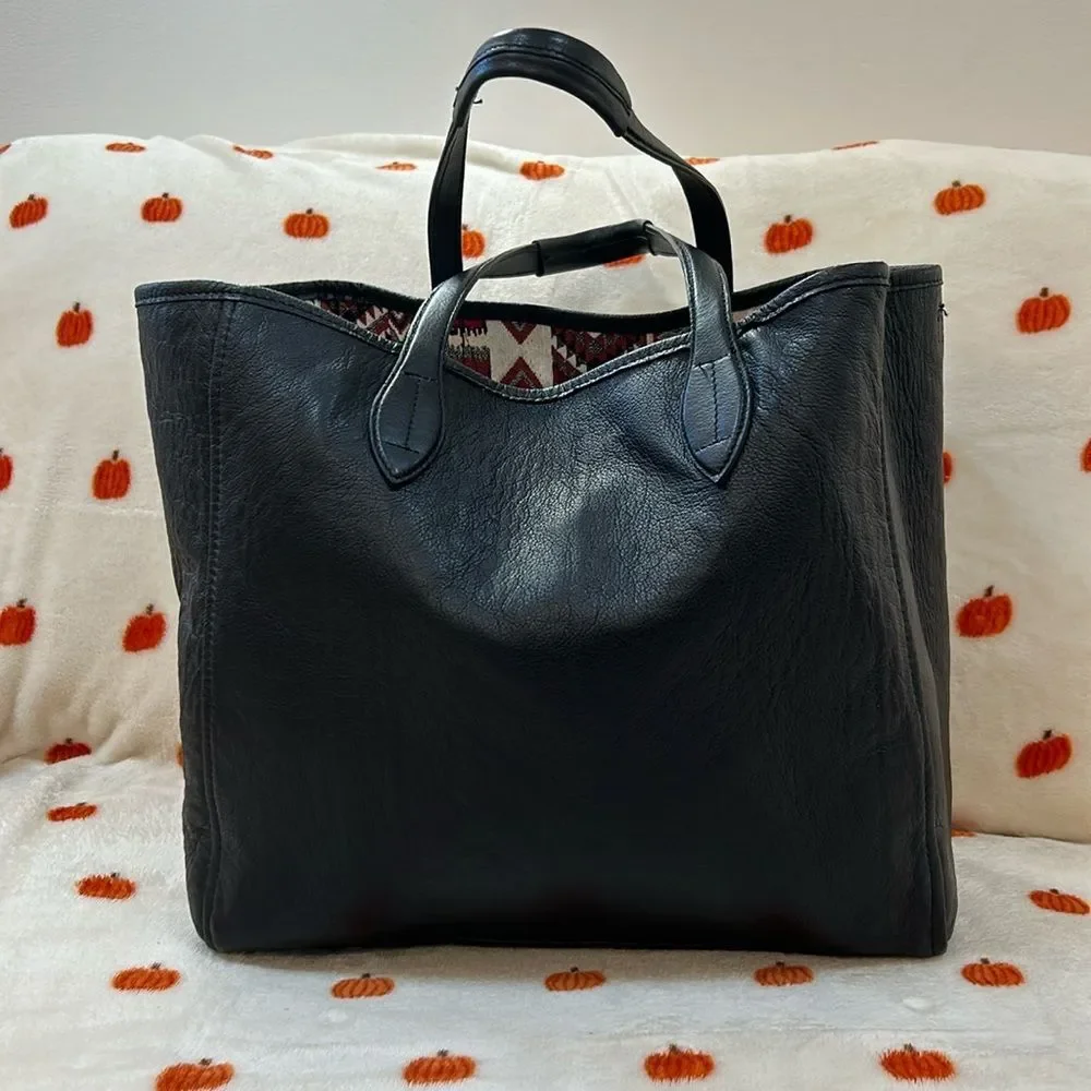 Hobo Tote Shoulder Bag Black Leather Aztec Tribal Fabric Lined Reversible